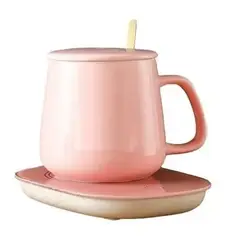 GENERICO - Taza De Café Rosa Con Calentador Eléctrico Set Taza Mug + Cuchara