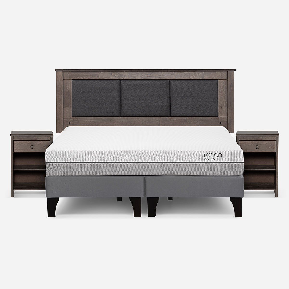 ROSEN - Cama Europea Pratta King BD Pata Madera+ Respaldo+Veladores