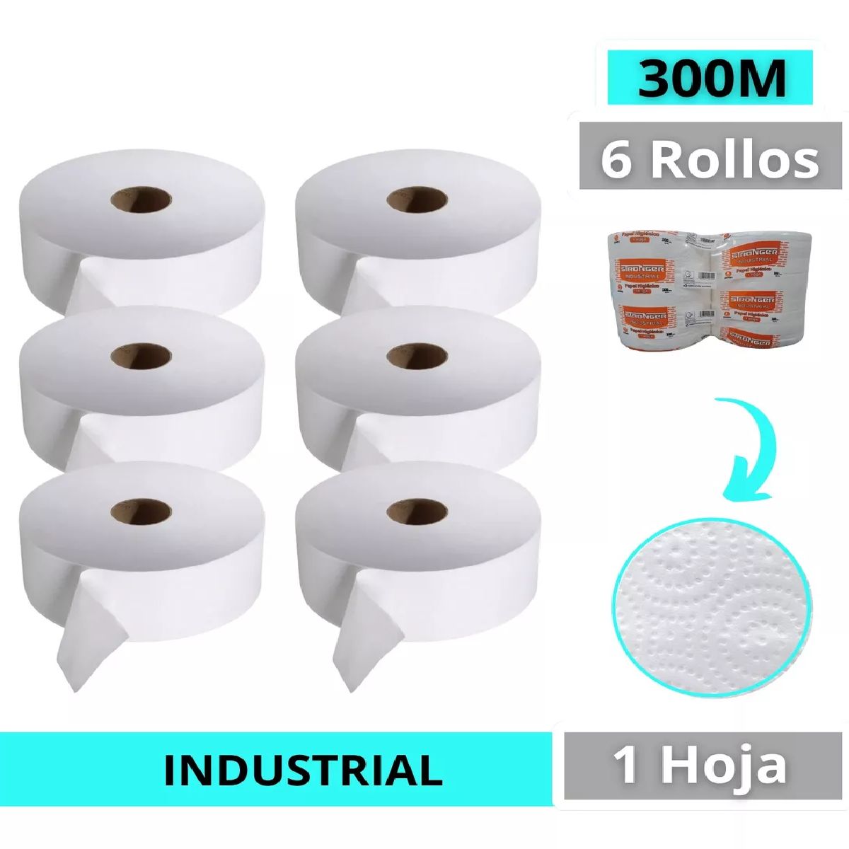 GENERICO - Papel higienico industrial Hoja simple pack de 6 rollos de 300m