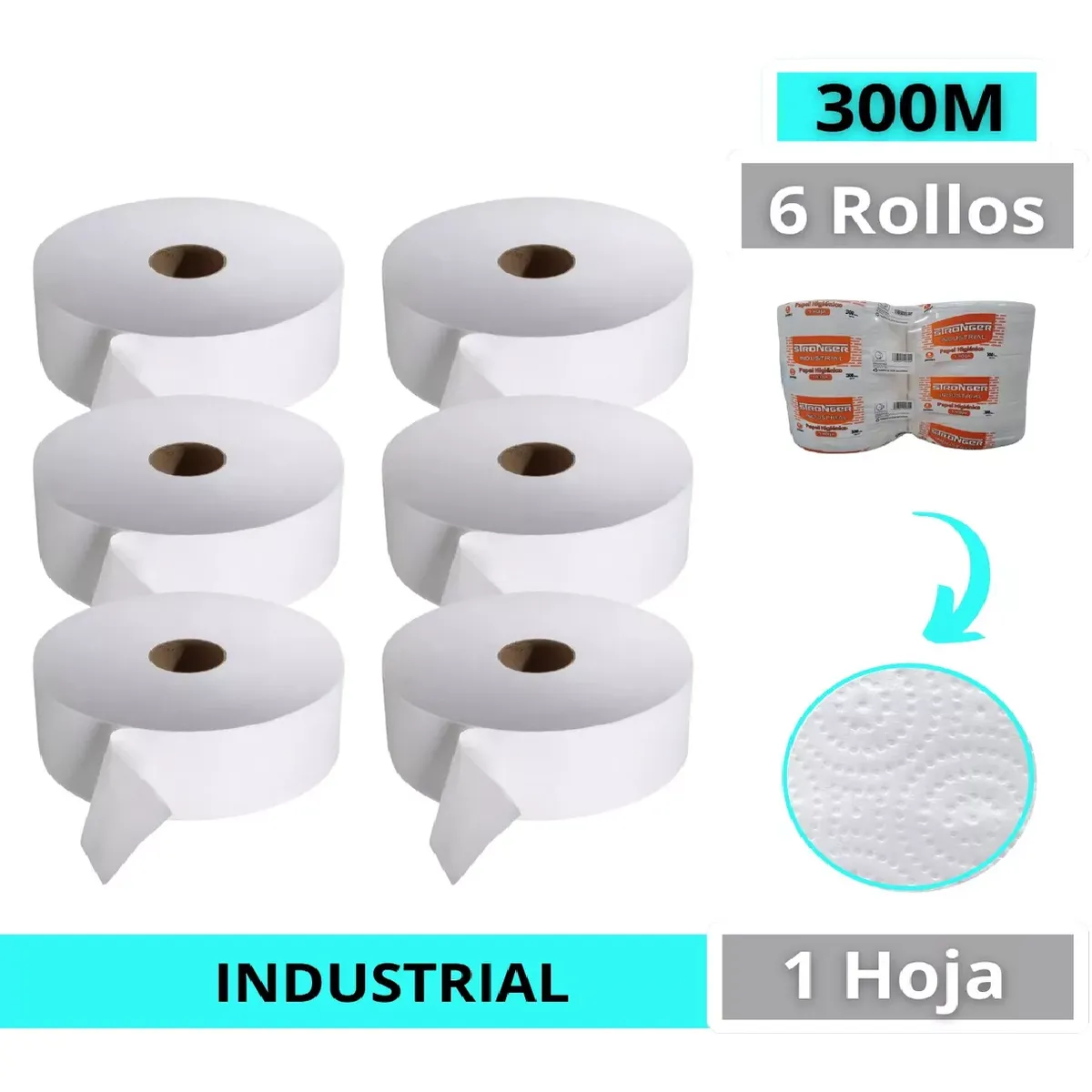 GENERICO - Papel higienico industrial Hoja simple pack de 6 rollos de 300m