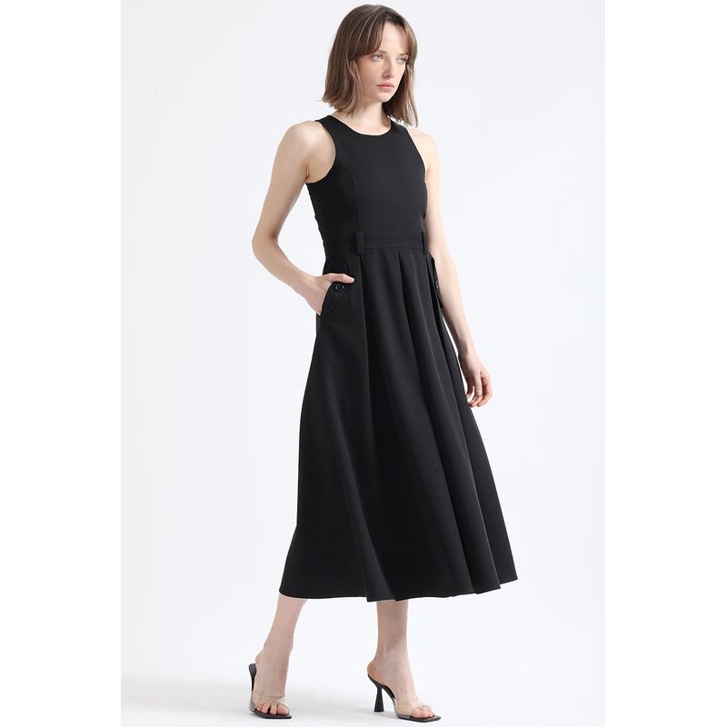 LIOLA - Vestido Maxi Faldon Pliegues, Negro Liola