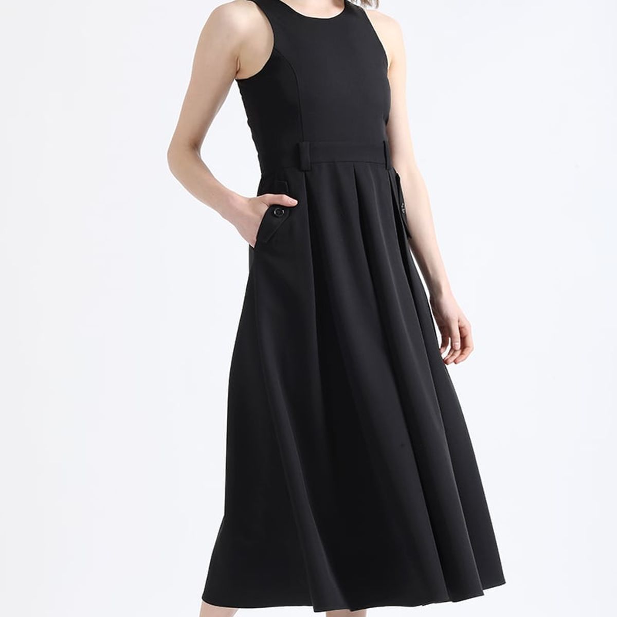 LIOLA - Vestido Maxi Faldon Pliegues, Negro Liola