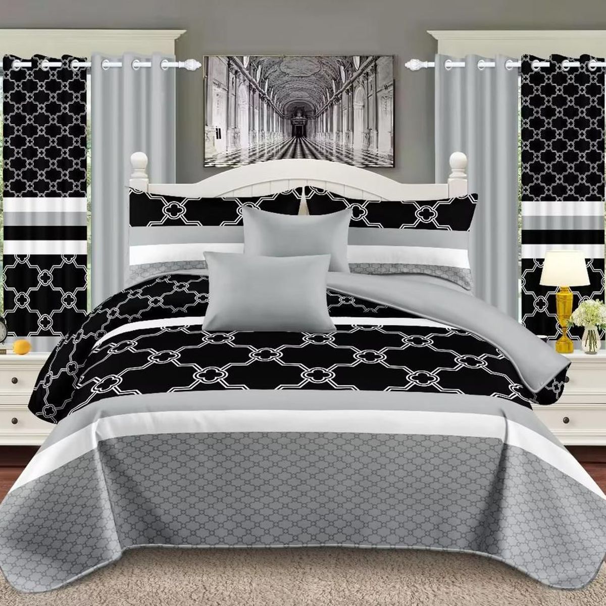 GENERICO - CUBRECAMA DE VERANO CON JUEGO DE SABANA 2 PLAZAS Y CORTINAS GRIS