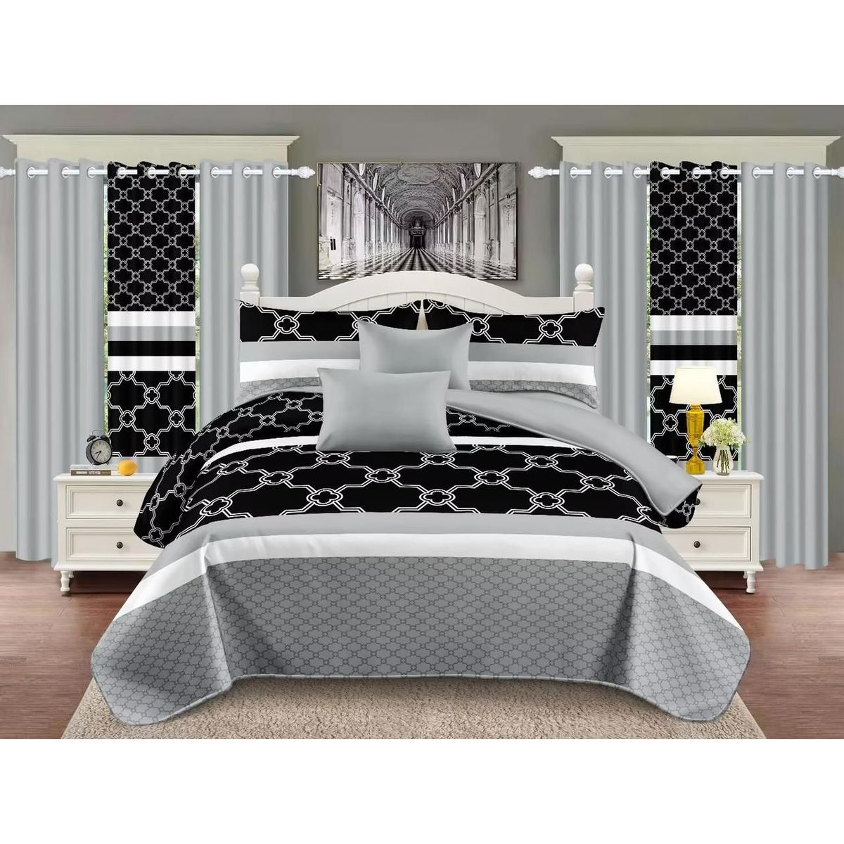 GENERICO - CUBRECAMA DE VERANO CON JUEGO DE SABANA 2 PLAZAS Y CORTINAS GRIS