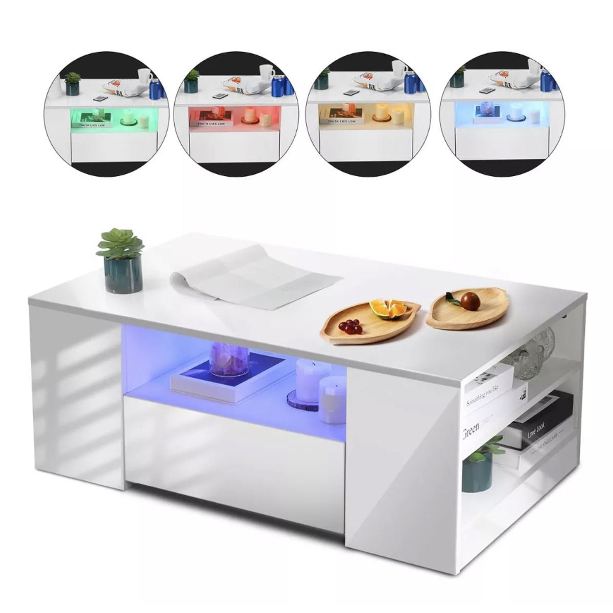 HOMER DESIGN - Mesa De Centro Con Luz 2 Cajones Living 95x55x37cm Brillante