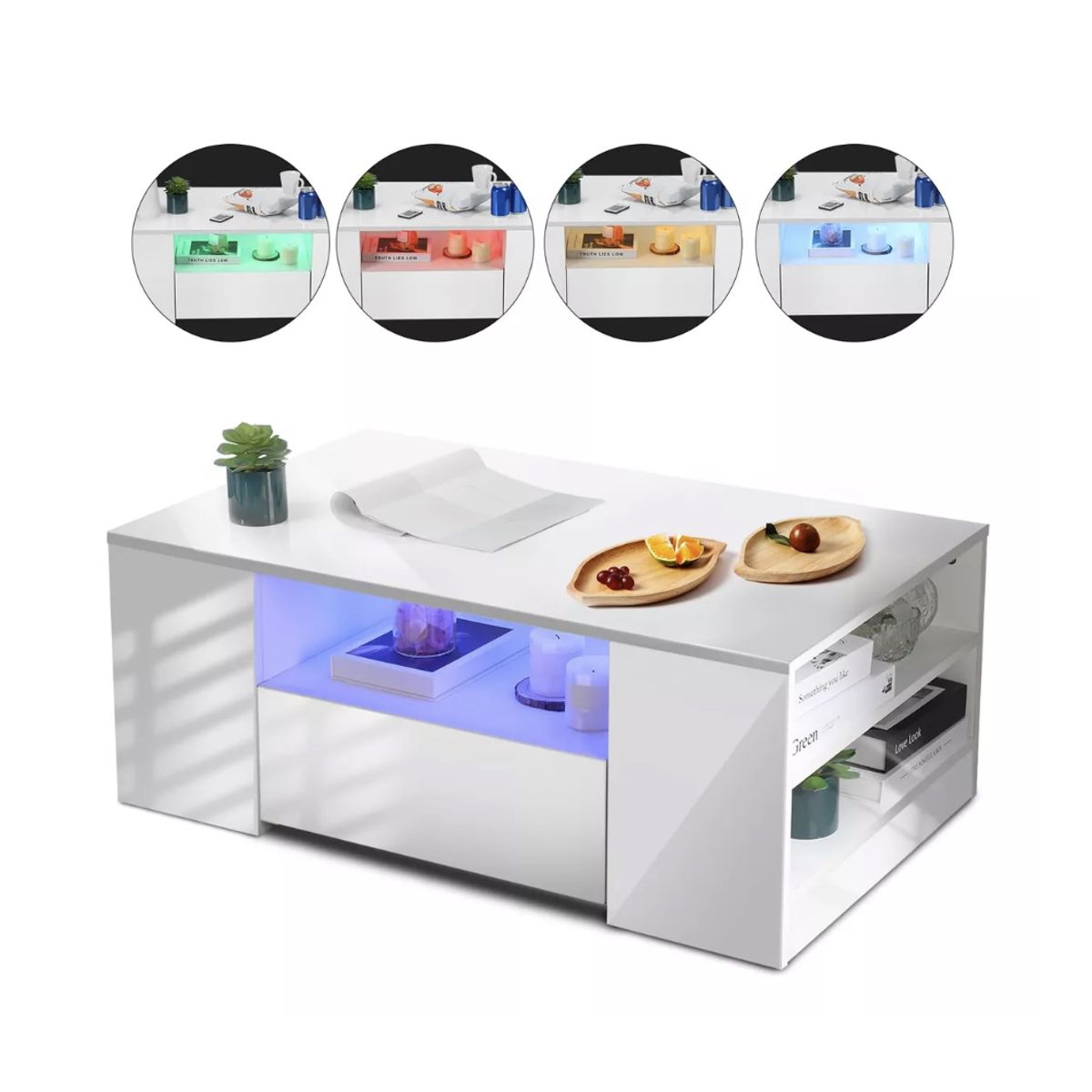 HOMER DESIGN - Mesa De Centro Con Luz 2 Cajones Living 95x55x37cm Brillante