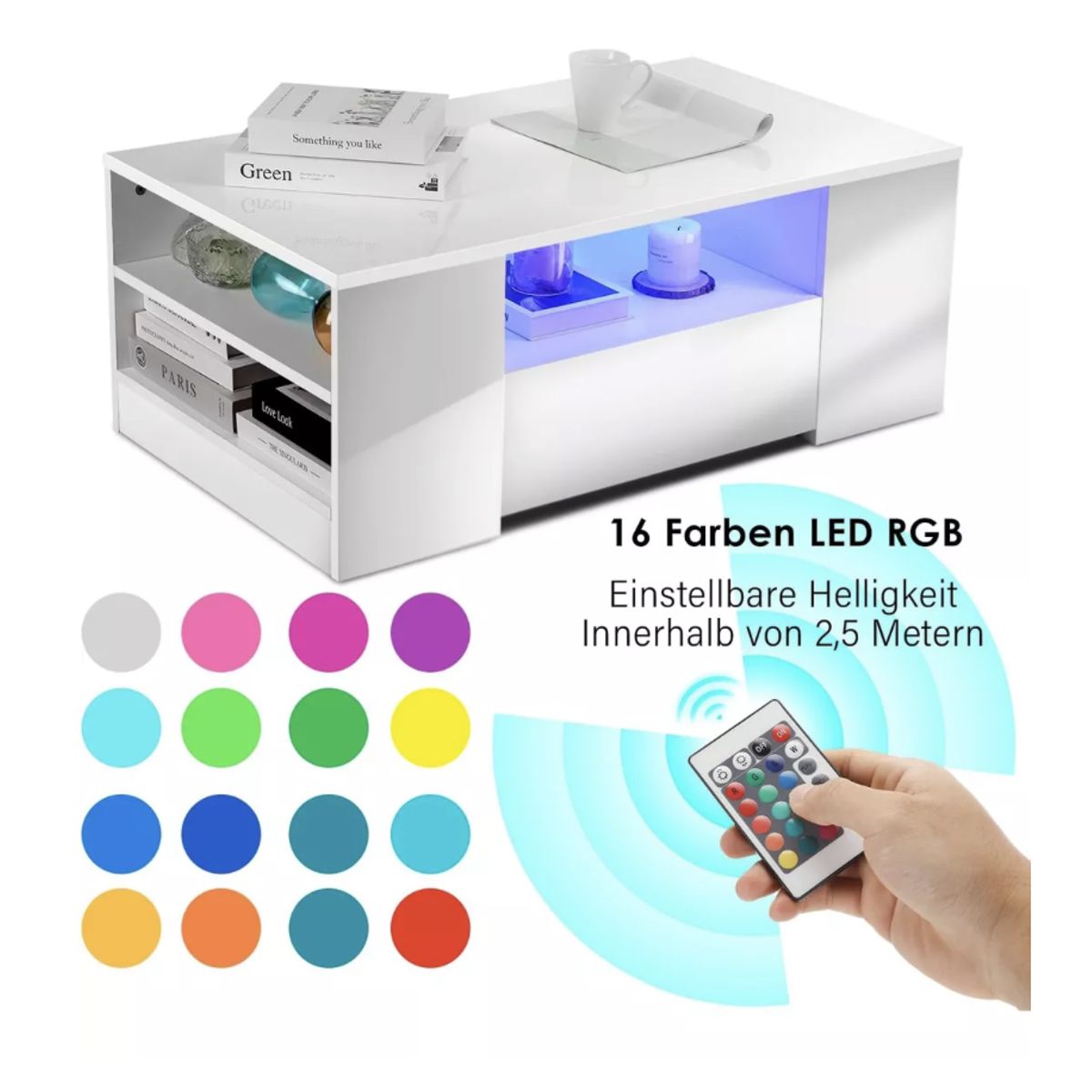 HOMER DESIGN - Mesa De Centro Con Luz 2 Cajones Living 95x55x37cm Brillante