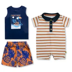 TEDMIMAK - Set 3 Piezas Conjunto con Enterito Bebe Niño 100% Algodón Azul Tucán