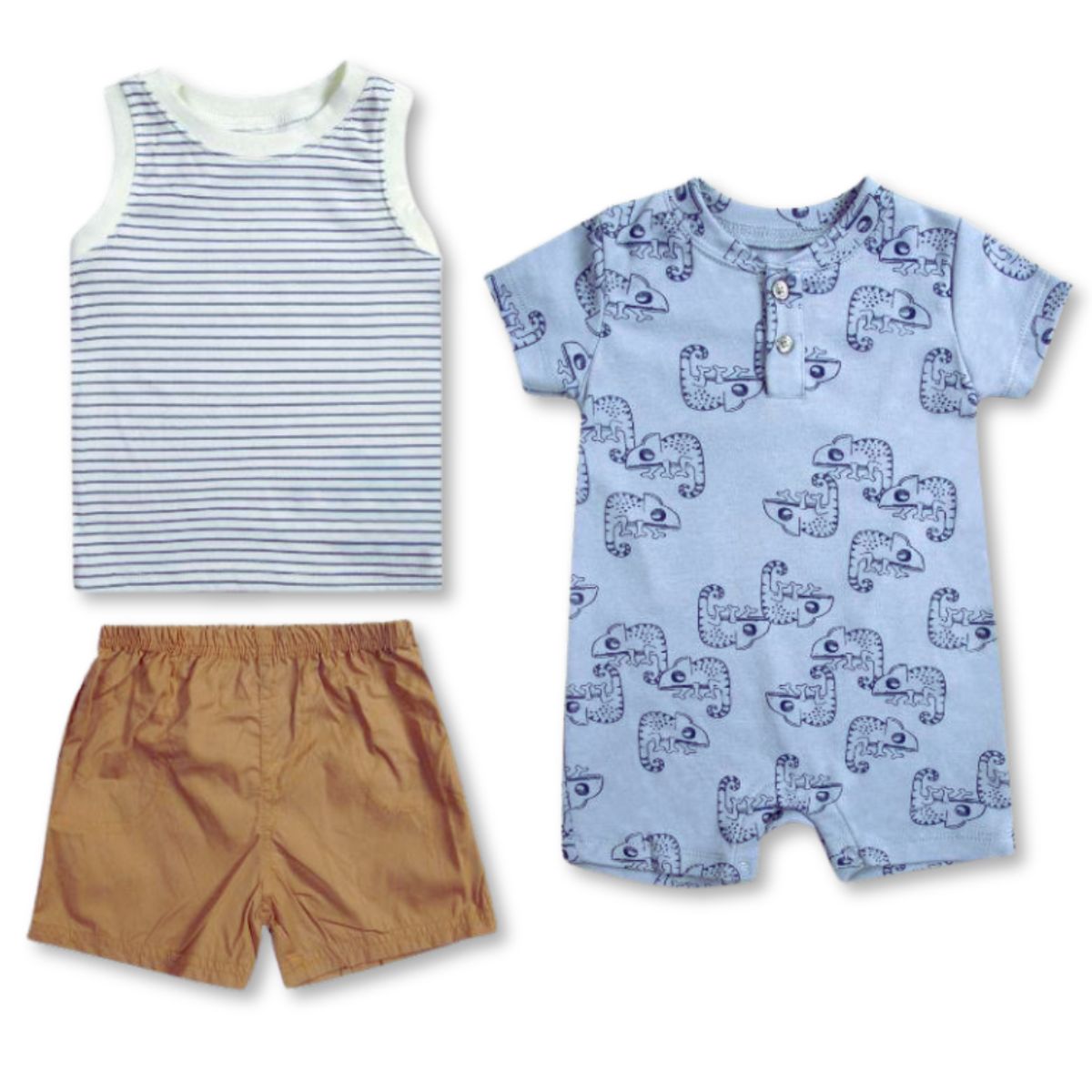 TEDMIMAK - Set 3 Piezas Conjunto con Enterito Bebe Niño 100% Algodón Rayas Azules