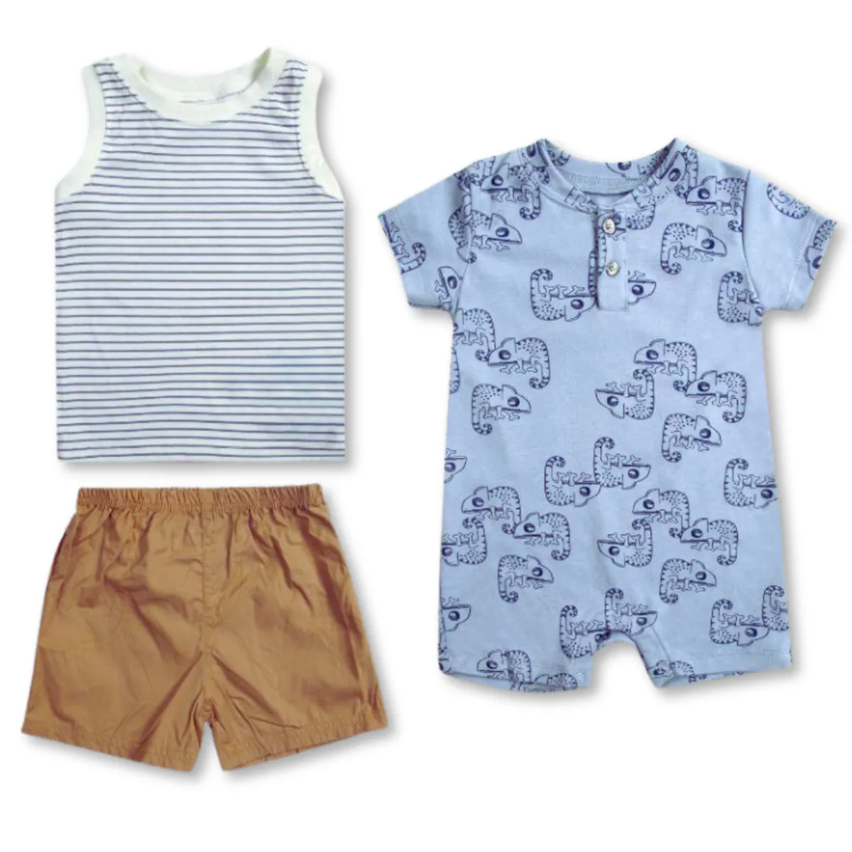 TEDMIMAK - Set 3 Piezas Conjunto con Enterito Bebe Niño 100% Algodón Rayas Azules