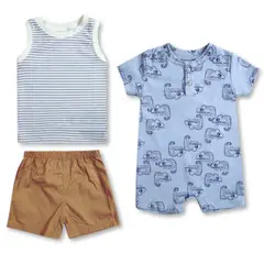 TEDMIMAK - Set 3 Piezas Conjunto con Enterito Bebe Niño 100% Algodón Rayas Azules