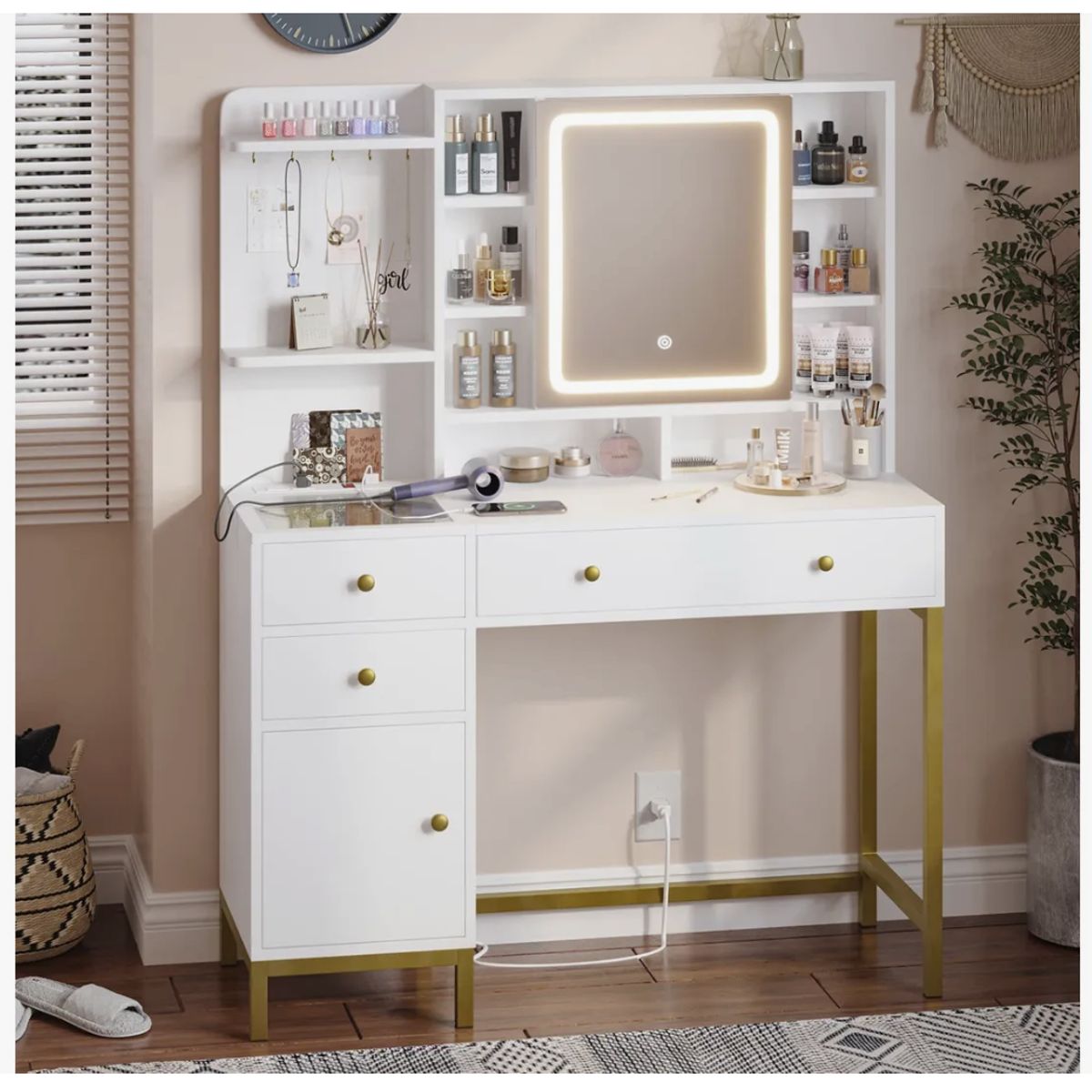 HOMER DESIGN - Tocador Con Espejo Y Luces Enchufe Cajones 138x98x40cm