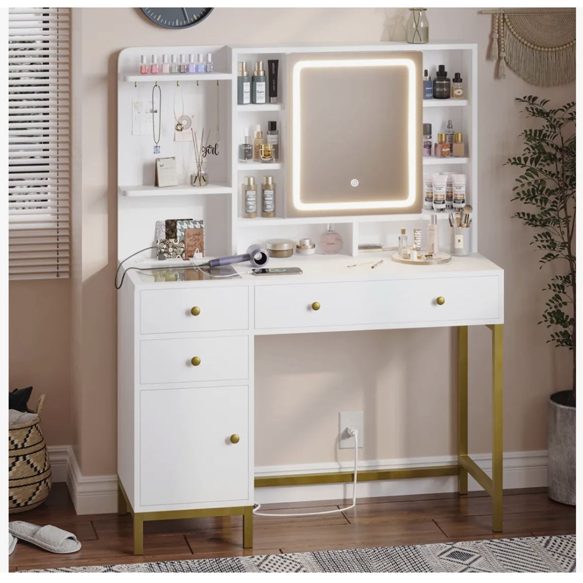 HOMER DESIGN - Tocador Con Espejo Y Luces Enchufe Cajones 138x98x40cm