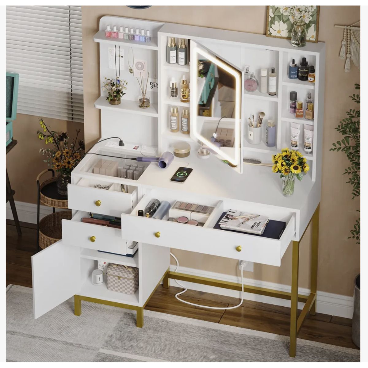 HOMER DESIGN - Tocador Con Espejo Y Luces Enchufe Cajones 138x98x40cm