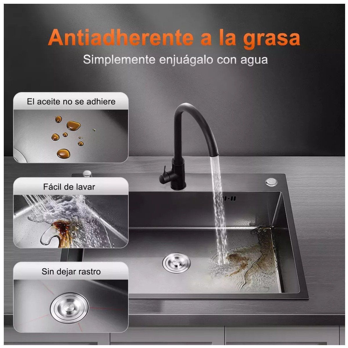 KUANGYE - Combo Lavaplatos Simple Acero Inoxidable 55x45 Rejilla Dispensador