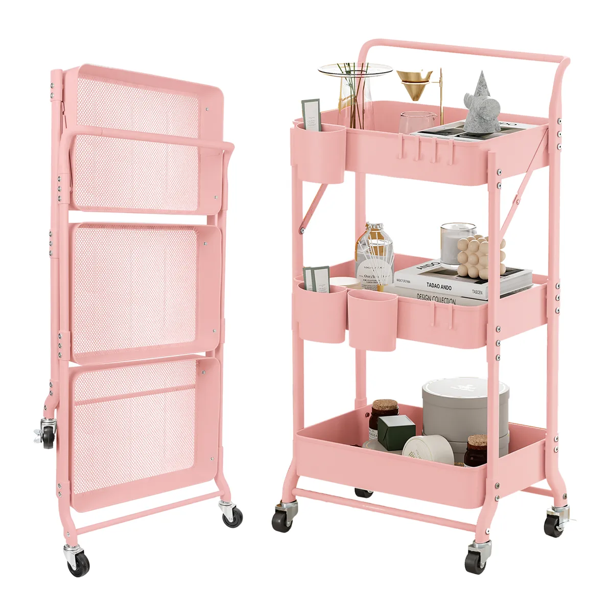 REBONEC - Carrito Organizador Estante Plegable Almacenamiento Con Ruedas Rosa