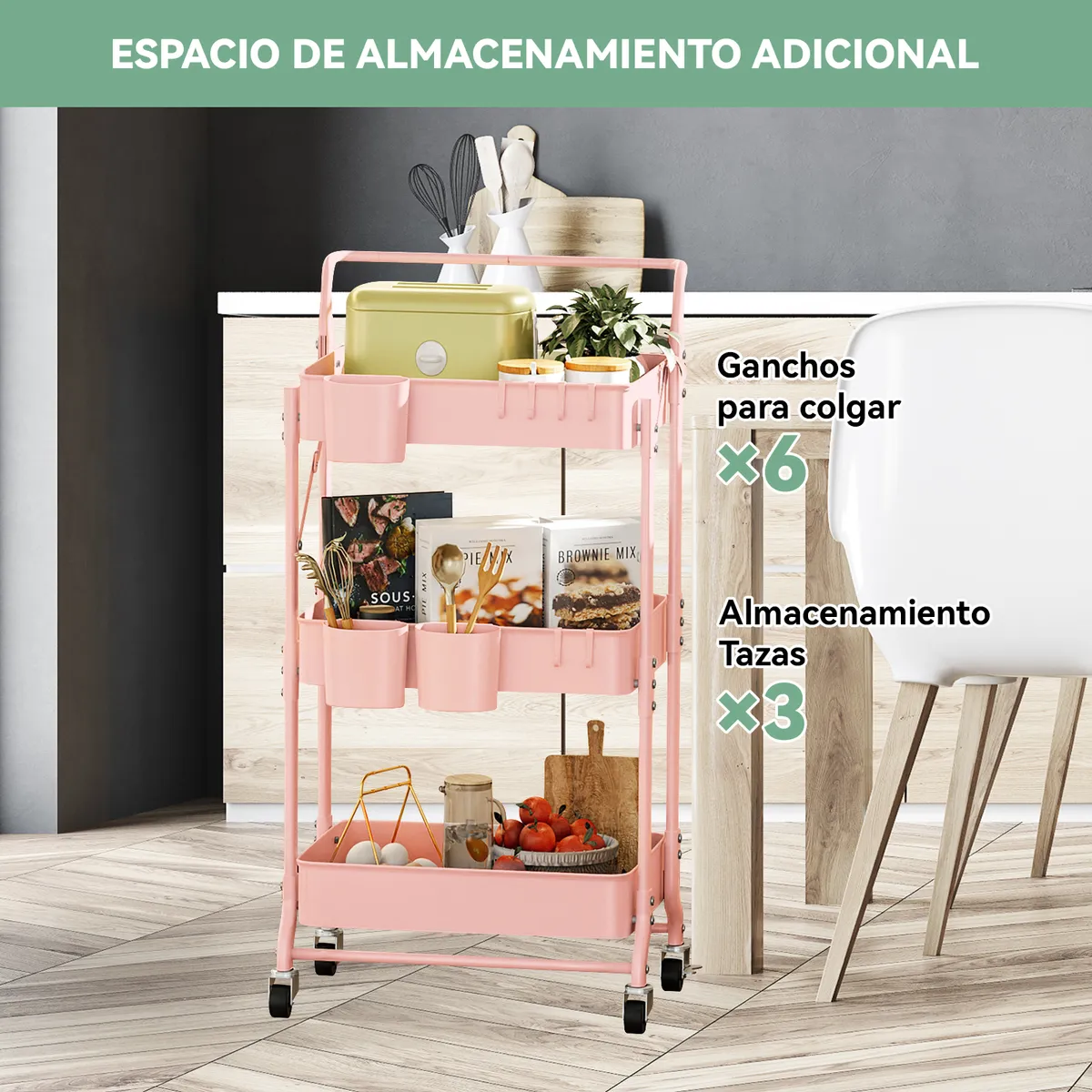 REBONEC - Carrito Organizador Estante Plegable Almacenamiento Con Ruedas Rosa