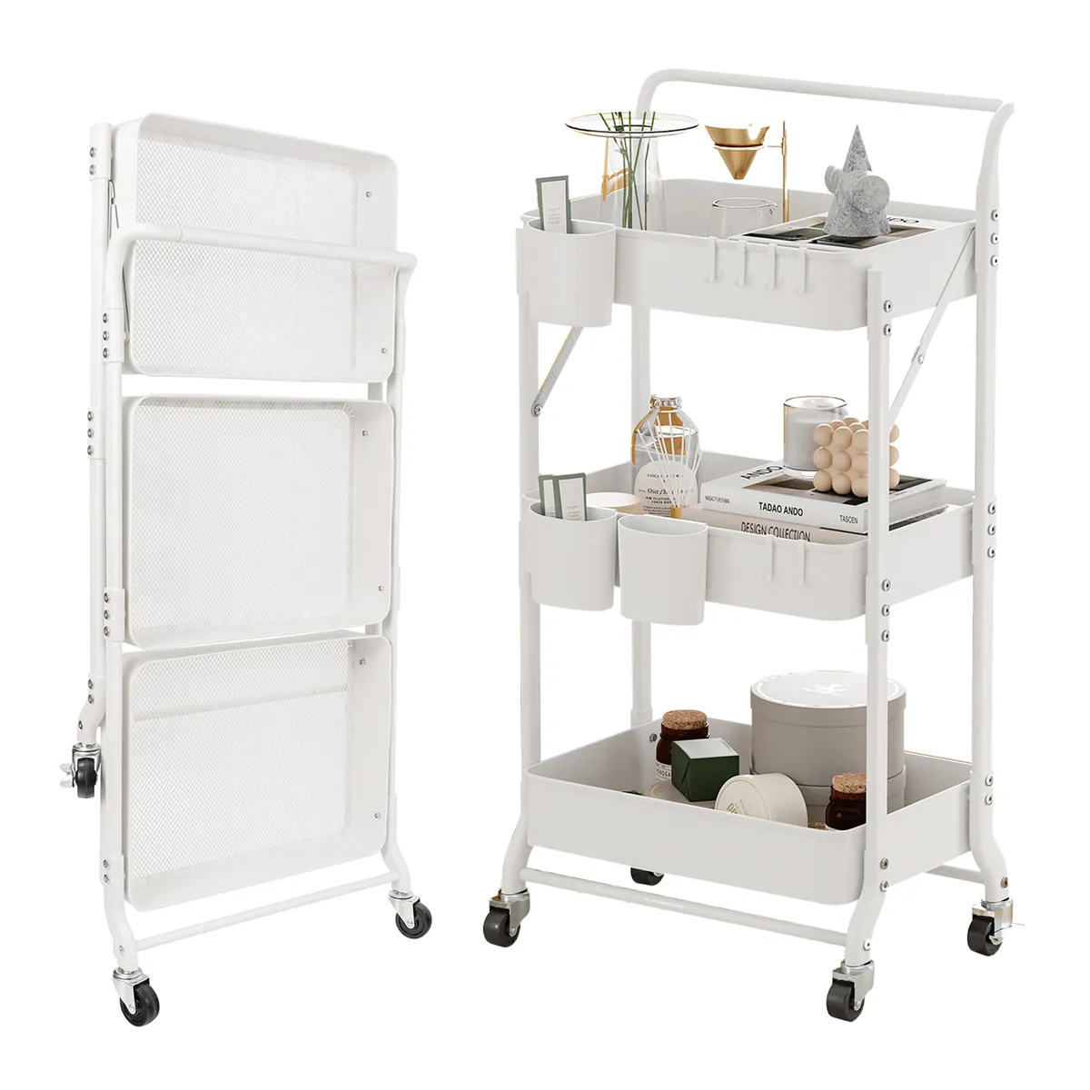 REBONEC - Carrito Organizador Estante Plegable Almacenamiento Con Ruedas Blanco