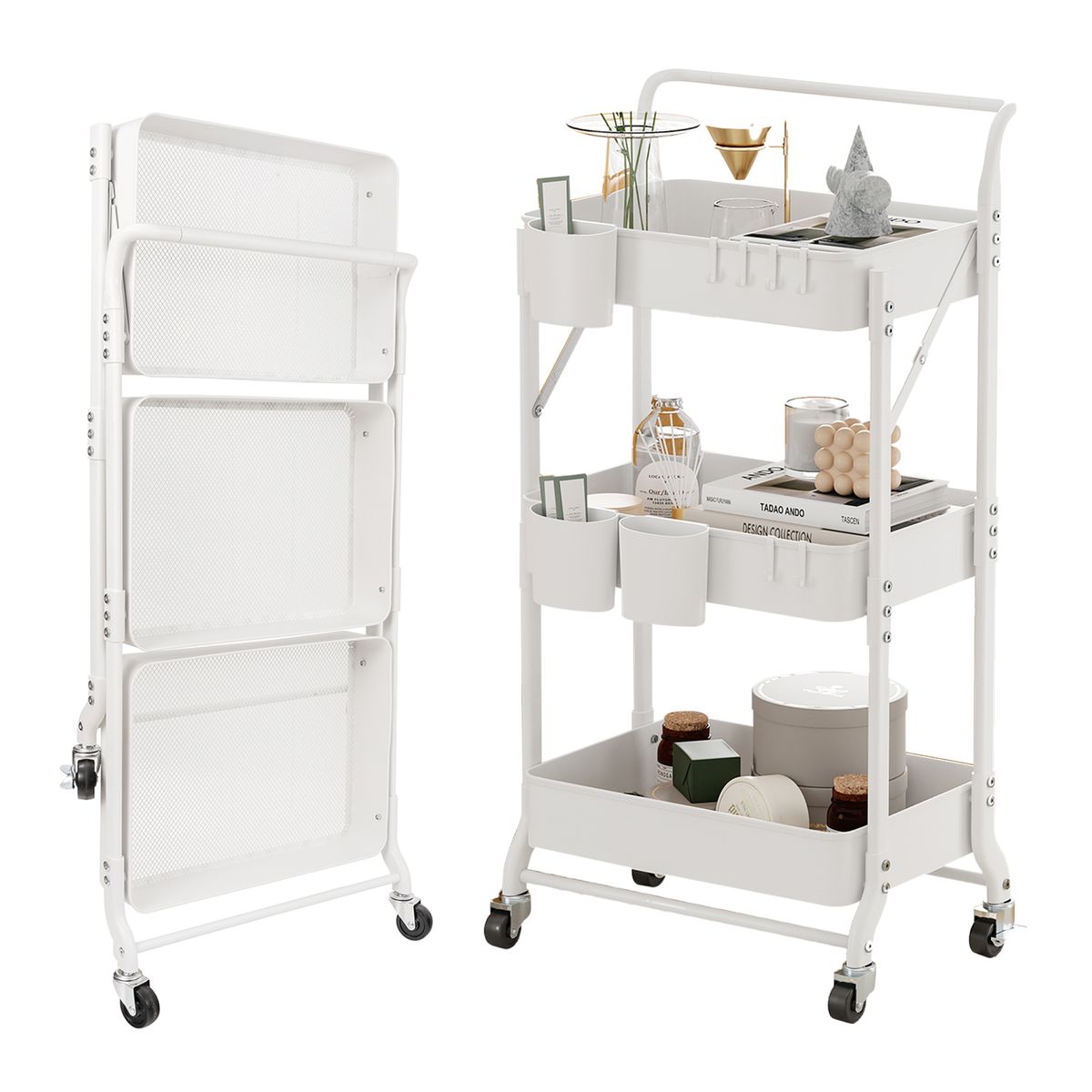 REBONEC - Carrito Organizador Estante Plegable Almacenamiento Con Ruedas Blanco