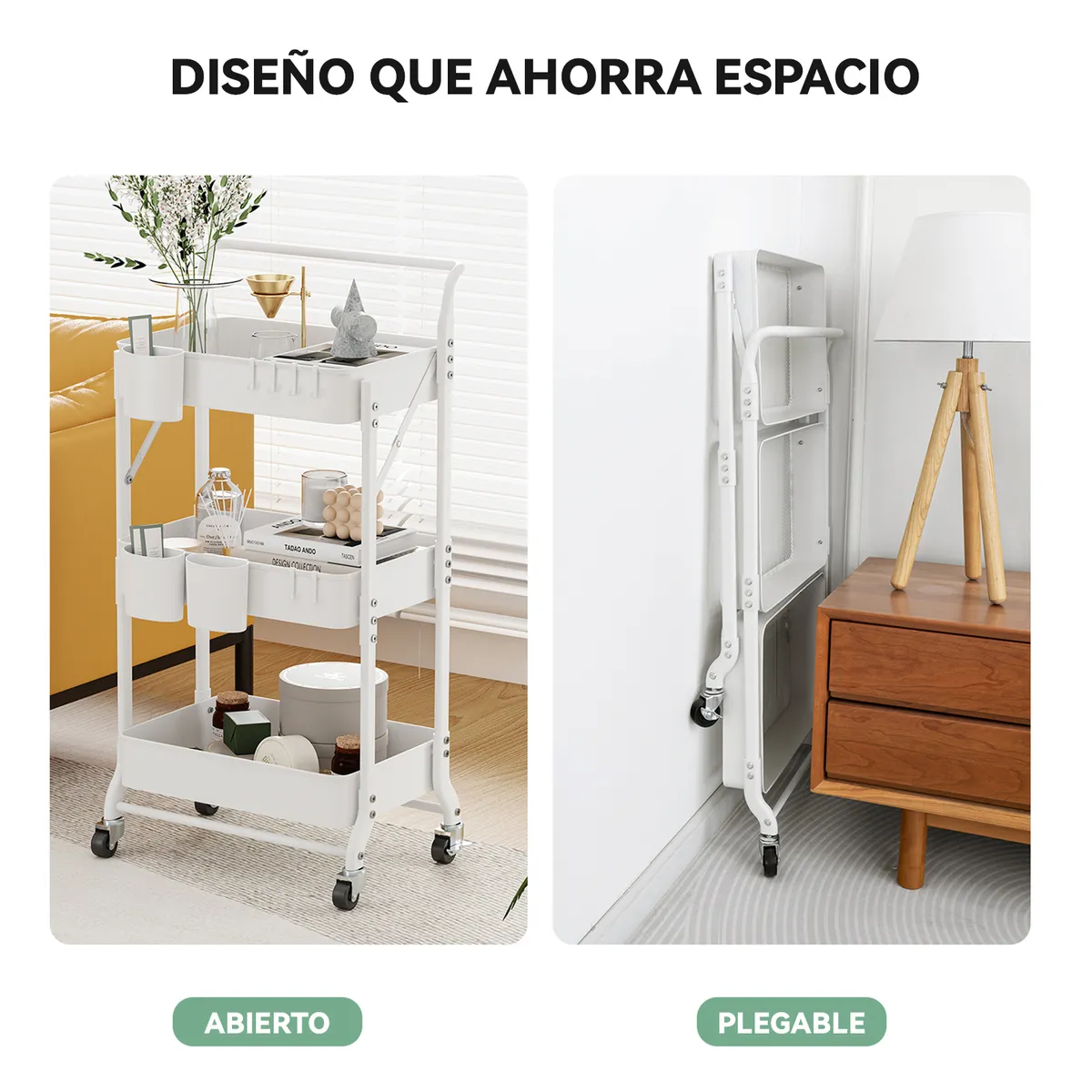 REBONEC - Carrito Organizador Estante Plegable Almacenamiento Con Ruedas Blanco