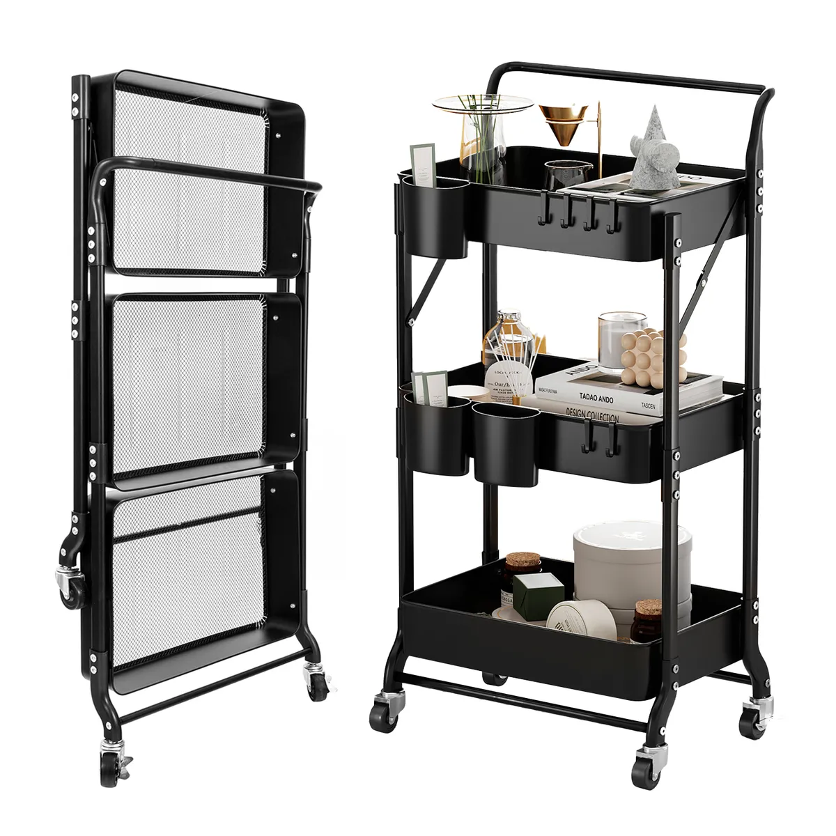 REBONEC - Carrito Organizador Estante Plegable Almacenamiento Con Ruedas Negro