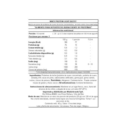 Imagen 2 del producto PROTEINA WHEY LIGHT DIGESTY CHOCOLATE BELGA 40 GR -
