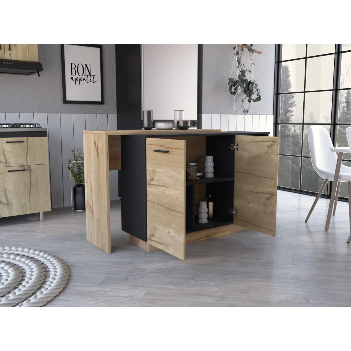 FMFURNITURE - Isla De Cocina 2 Puertas - Café Claro 90x103x70 cm