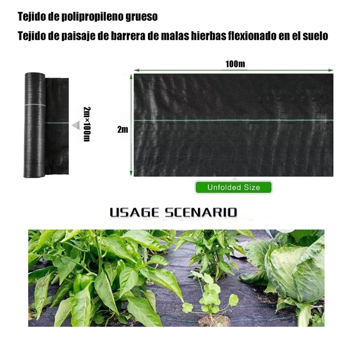 KUANGYE - Malla Antihierbas Jardin 2x100M Tela Geotextil Para Control Maleza Rotura y Estabilizada Contra UV