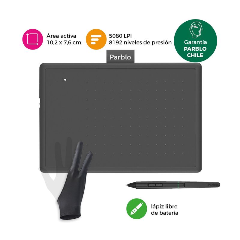 PARBLO - Tableta Gráfica Parblo Ninos N4 Black con Guante