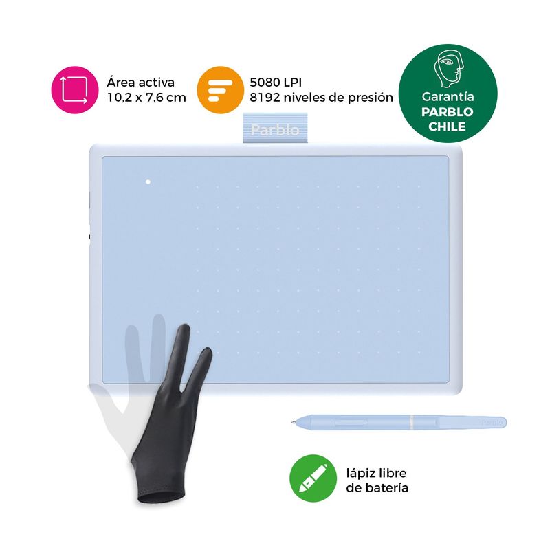 PARBLO - Tableta Gráfica Parblo Ninos N4 Light Blue con Guante