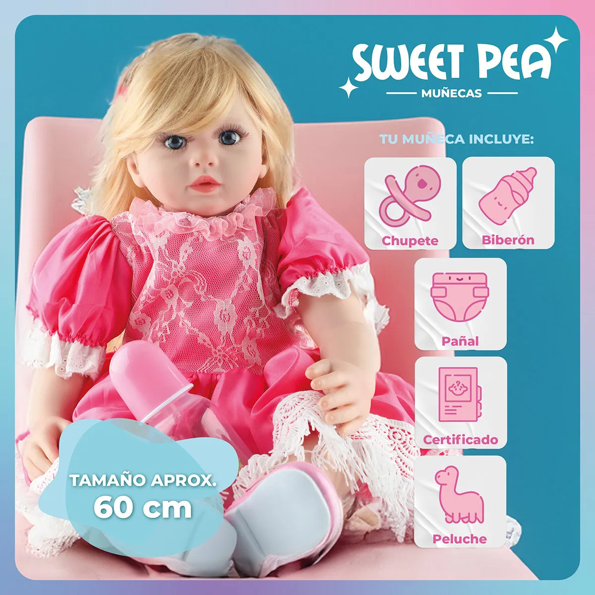 SWEET PEA - Bebe Reborn Ricitos D Oro Sweet Pea Muñec Real Silicona 60cm