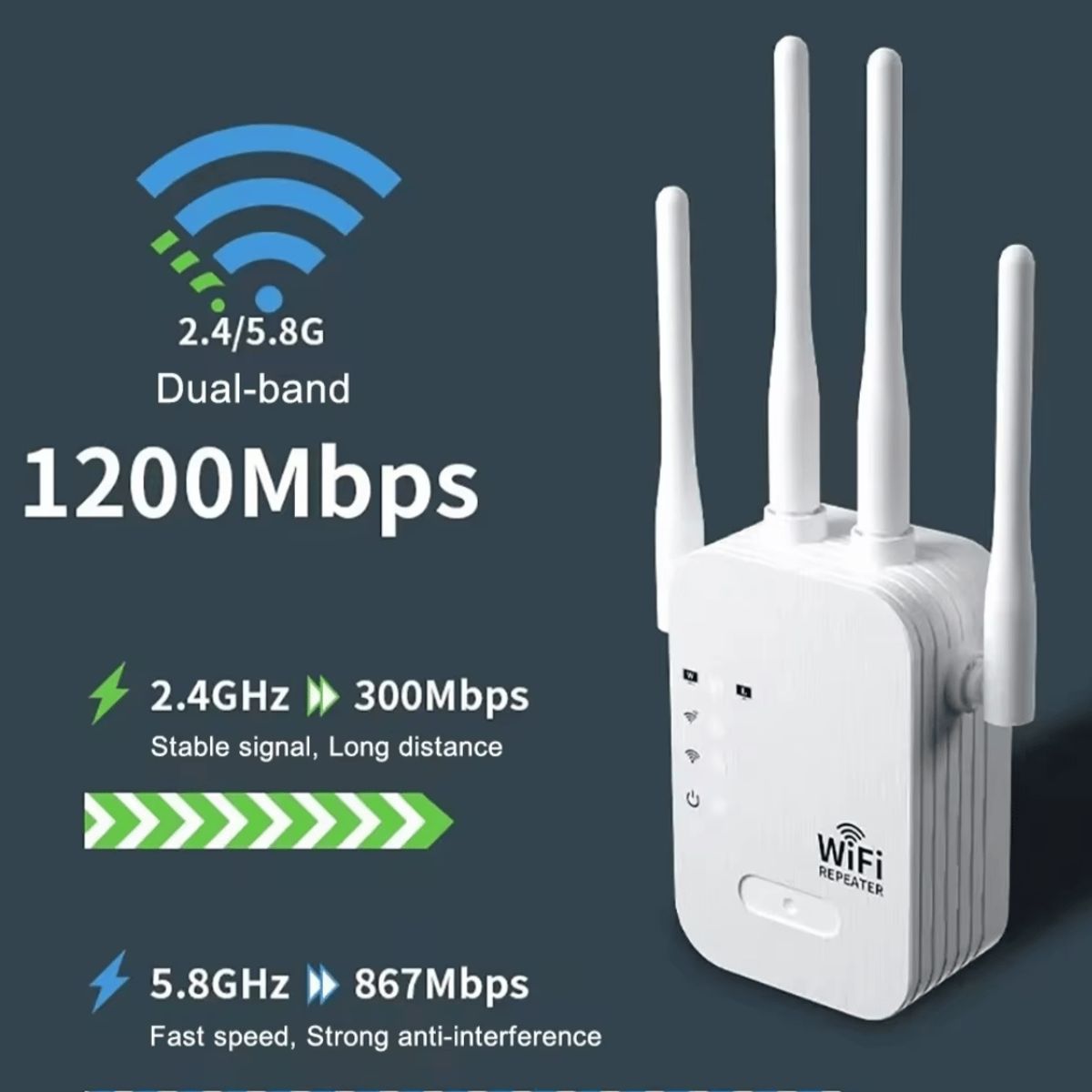 GENERICO - Repetidor Amplificador de Señal Wi-Fi  de 4 antenas de 2,4ghz 1200 mbps