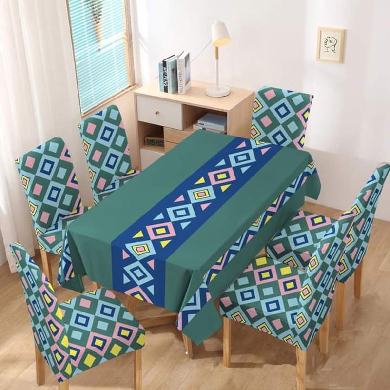 GENERICO - MANTEL ANTIMANCHA CON 6 FUNDA SILLA DISEÑO VERDE CUADRO TF