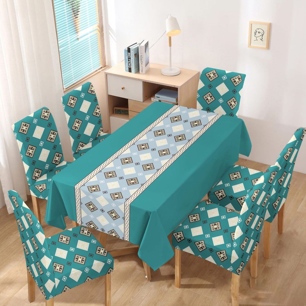 GENERICO - MANTEL ANTIMANCHA CON 6 FUNDA SILLA DISEÑO TURQUESA CUADRO TF