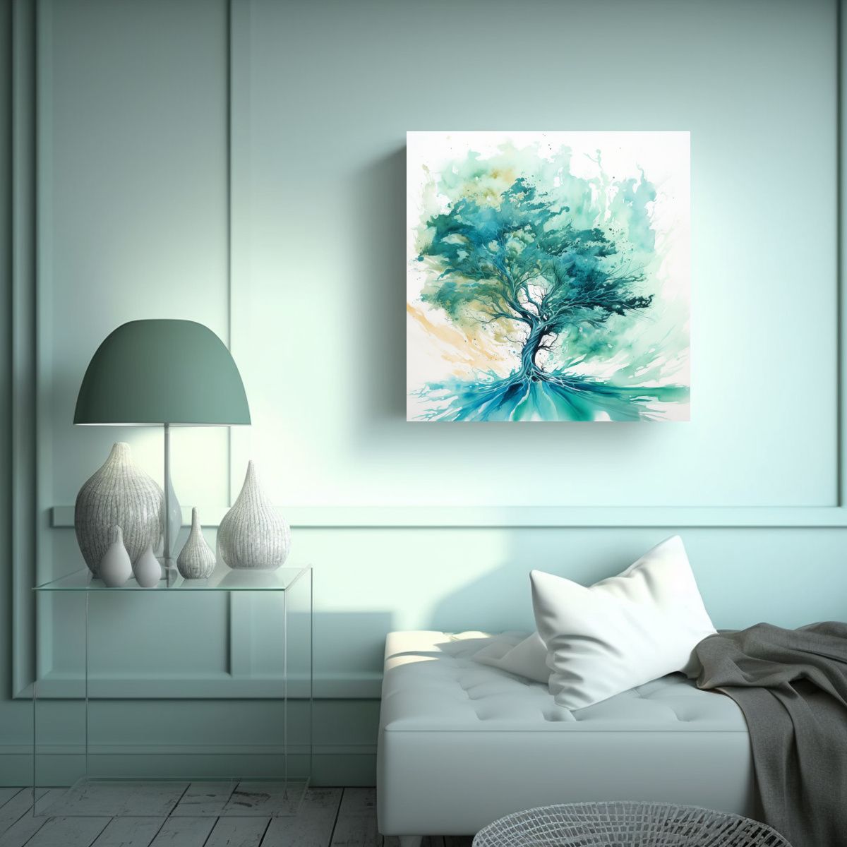 GENERICO - Pintura Abstracta En Acuarela, Colores Turquesa, 90x90 Cm