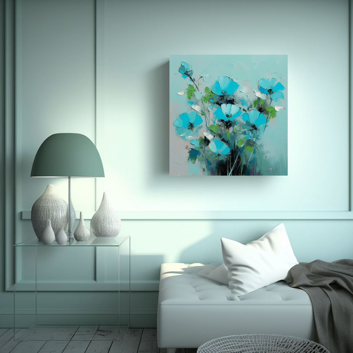 GENERICO - Pintura En Lienzo De Flores En Colores Cian Para 60x60 Cm