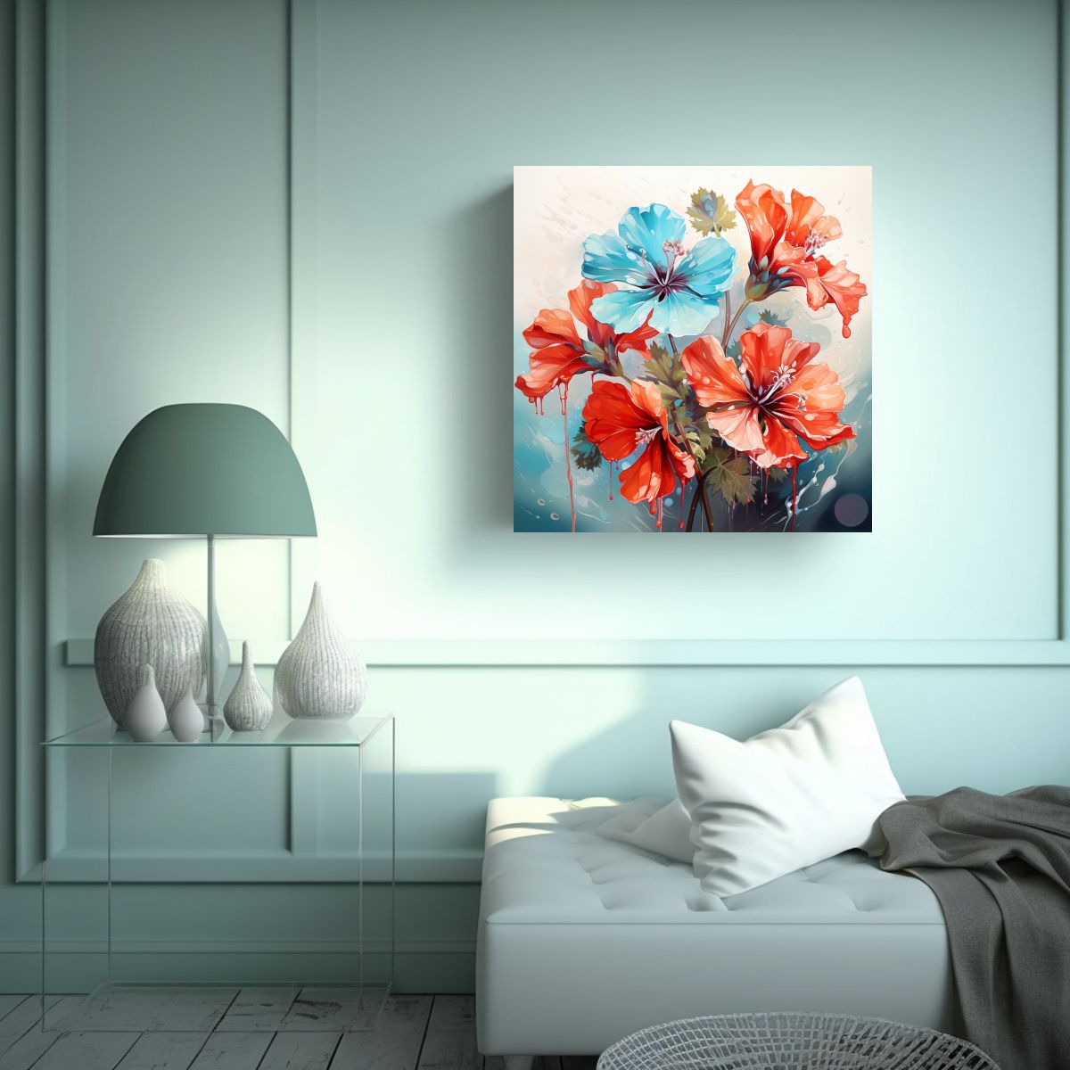 GENERICO - Pintura Abstracta De Flores Geranium Rojo Y 90x90 Cm