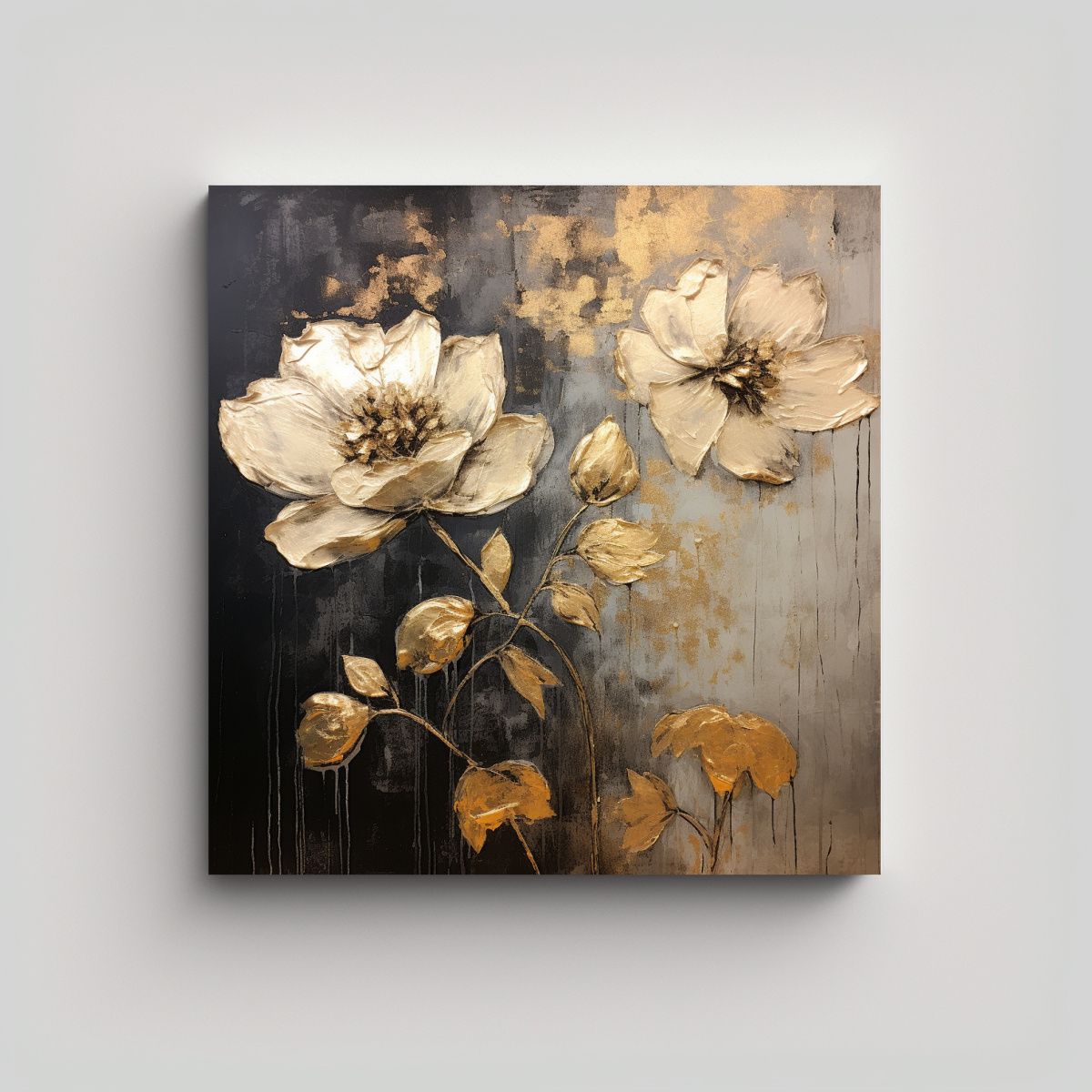 GENERICO - Pintura De Flores En Tonos Dorados Y Negros En 50x50 Cm