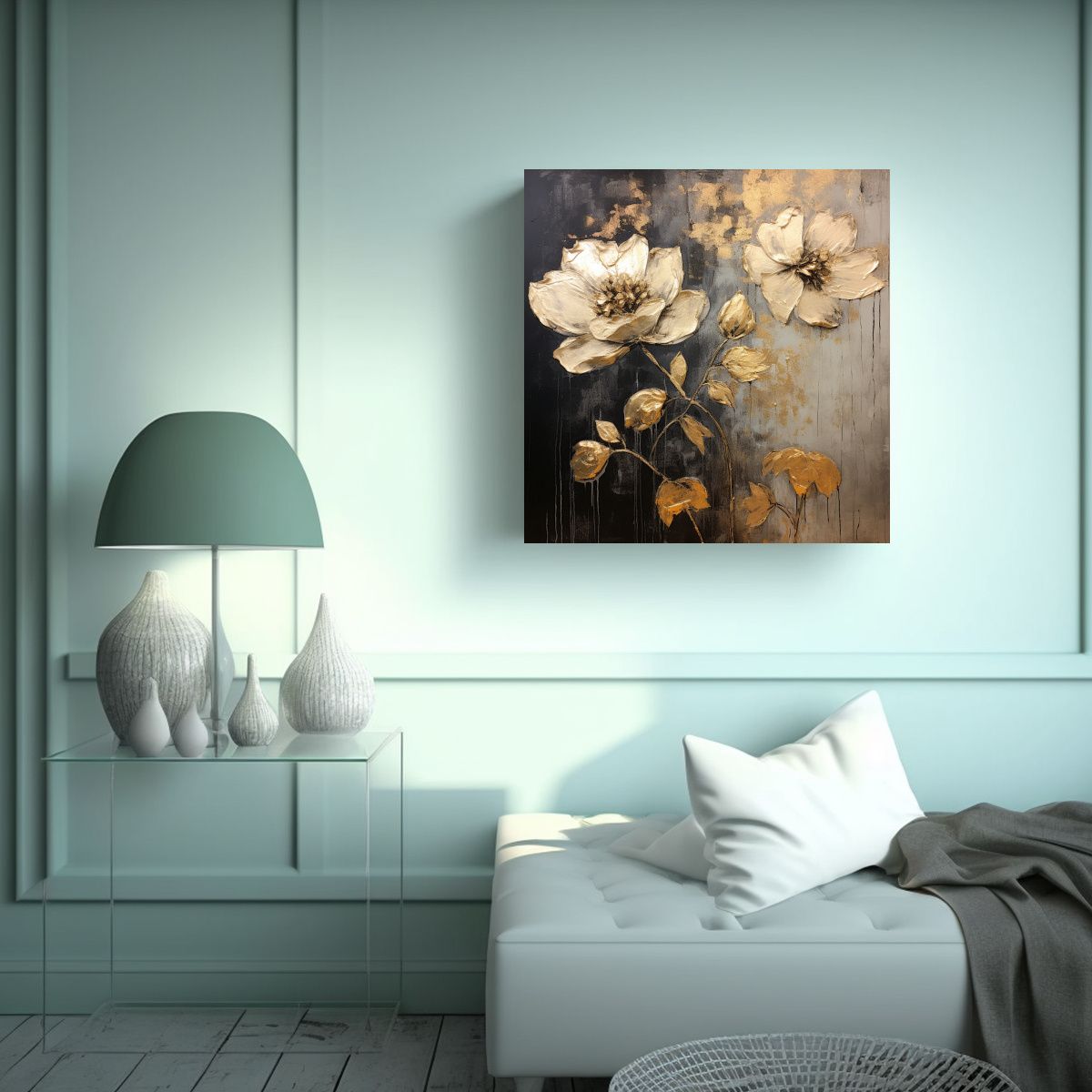 GENERICO - Pintura De Flores En Tonos Dorados Y Negros En 50x50 Cm