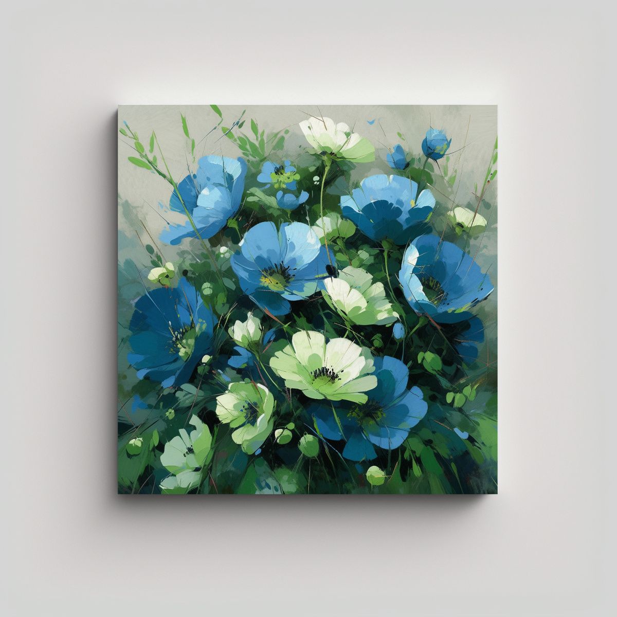 GENERICO - Pintura De Flores En Lienzo Verde Y Azul, 80x80 Cm