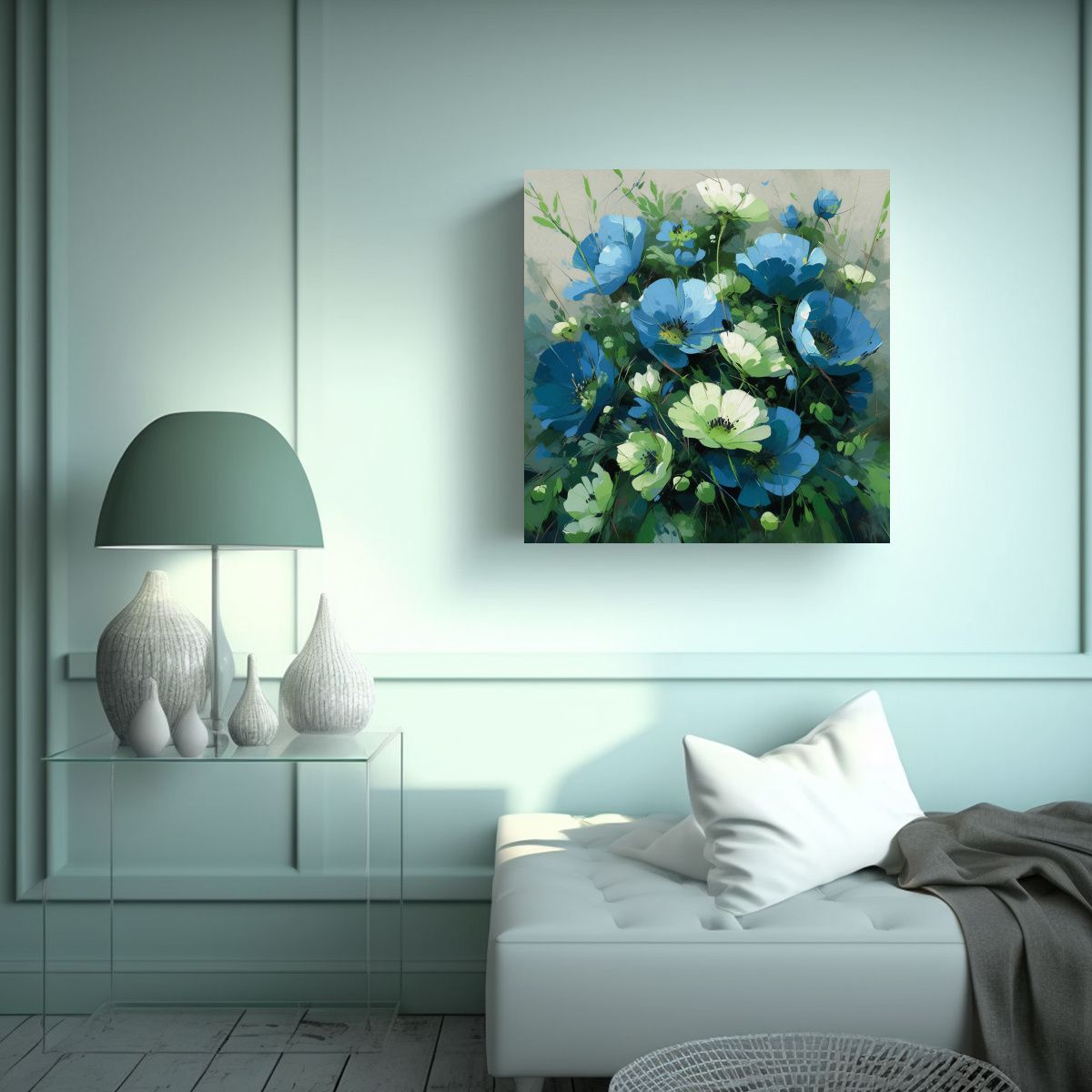 GENERICO - Pintura De Flores En Lienzo Verde Y Azul, 50x50 Cm