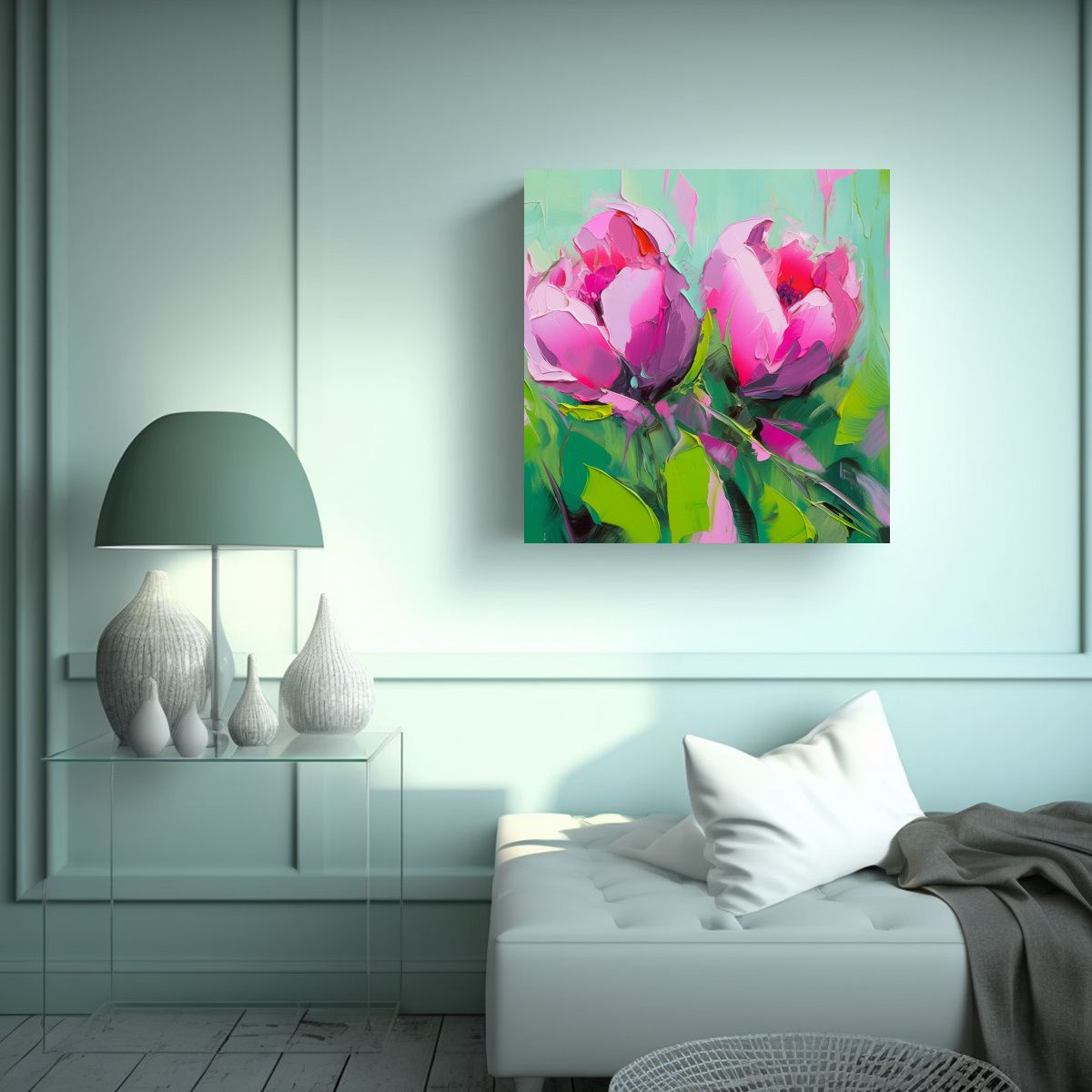 GENERICO - Pintura En Lienzo De Flores En Colores Verde Y 80x80 Cm