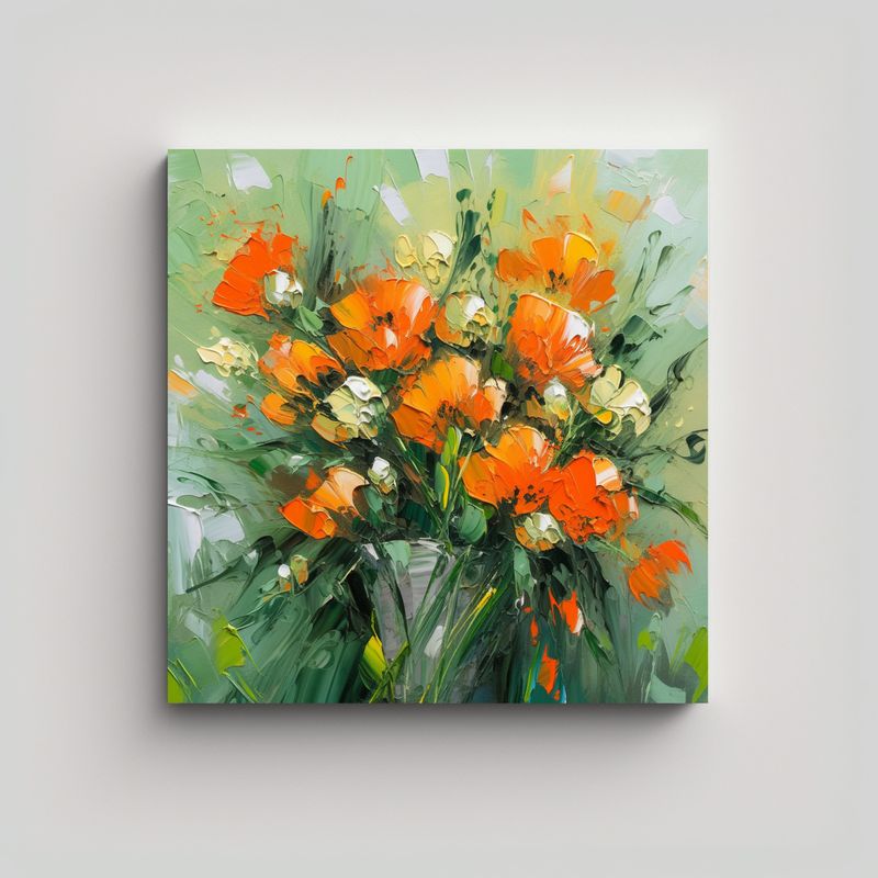 GENERICO - Pintura De Flores Verdes Y Naranjas En Lienzo 90x90 Cm