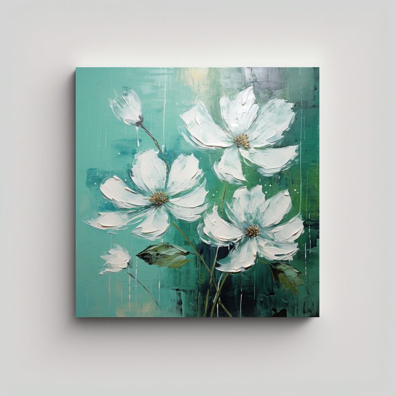 GENERICO - Pintura Floral Verde Y Plateada Sobre Lienzo En 90x90 Cm