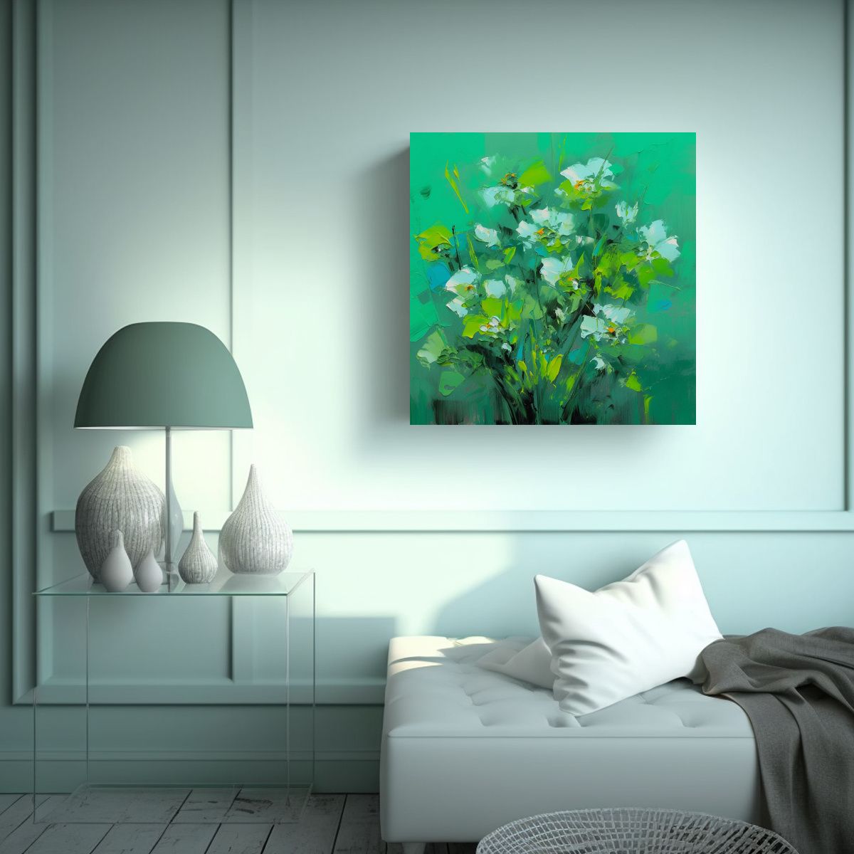 GENERICO - Cuadro Moderno Único De Flores Verde Y Turquesa 50x50 Cm