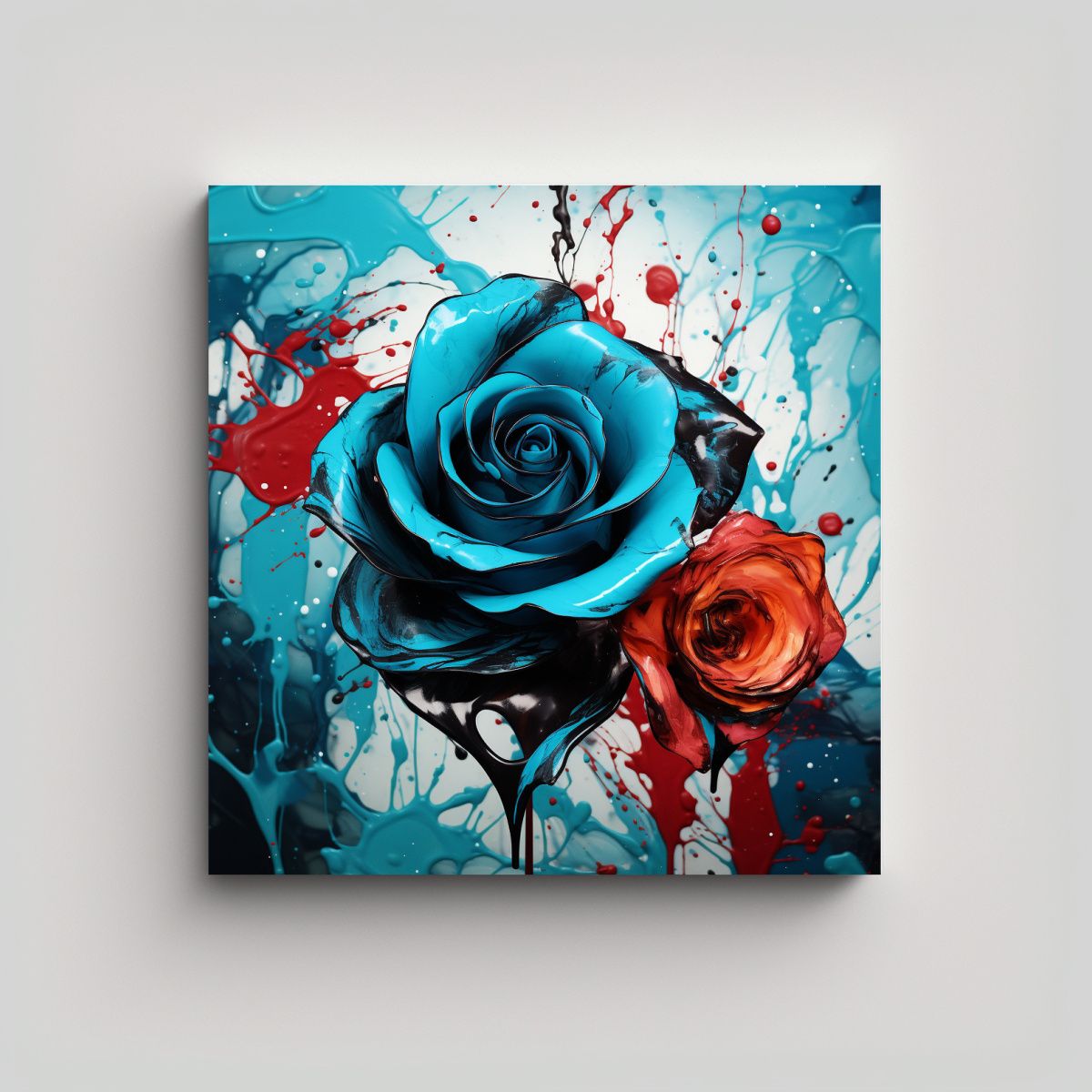 GENERICO - Cuadro Abstracto Con Rosas Turquesa Y Negras Para 80x80 Cm