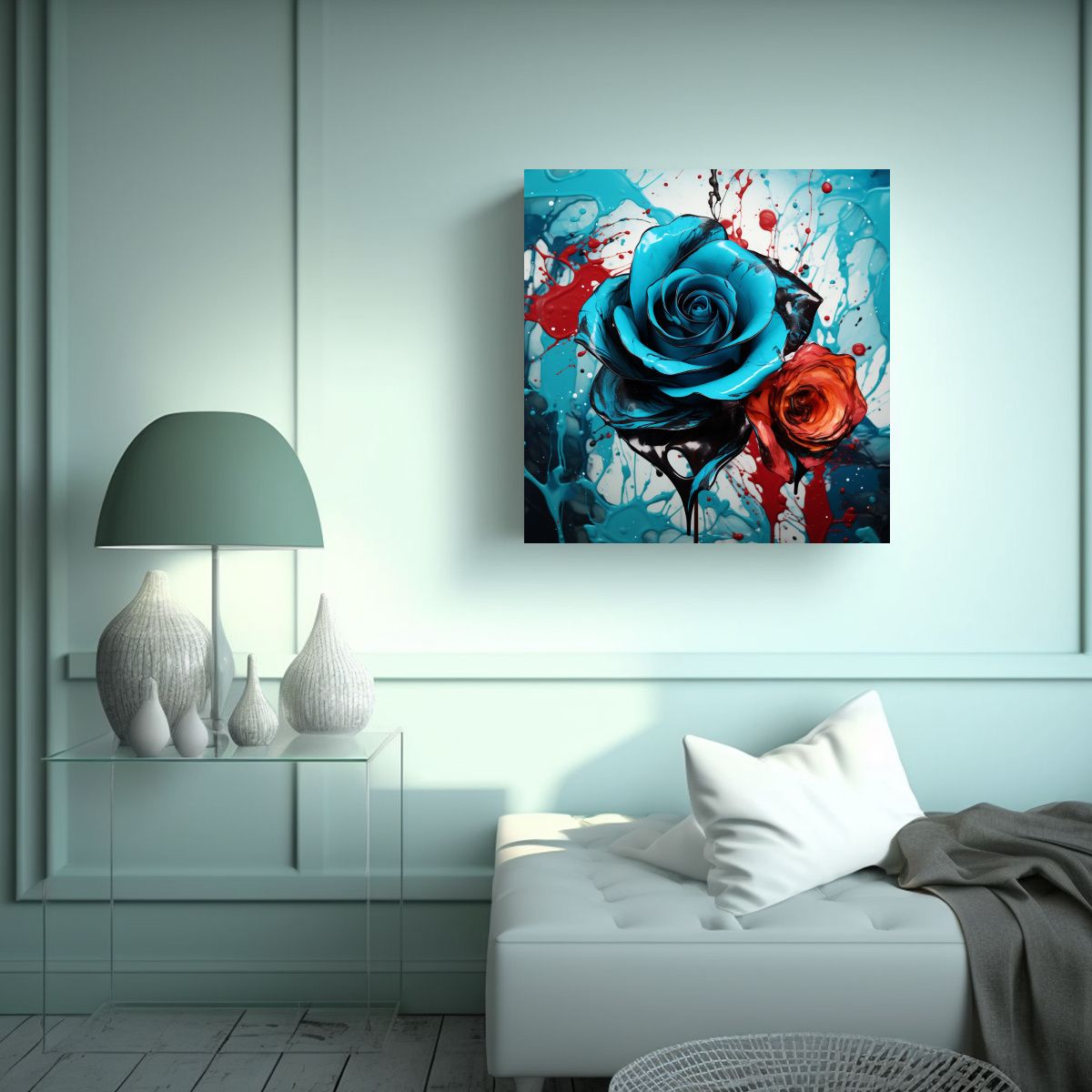 GENERICO - Cuadro Abstracto Con Rosas Turquesa Y Negras Para 80x80 Cm