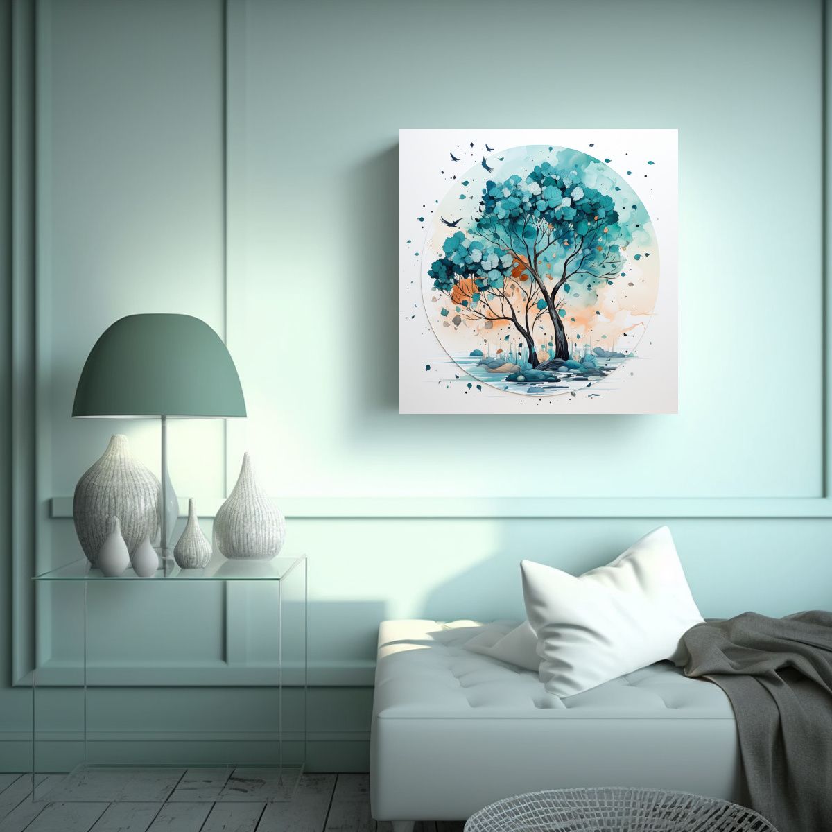 GENERICO - Cuadro Moderno Árbol De Eucalipto En Turquesa Y 50x50 Cm