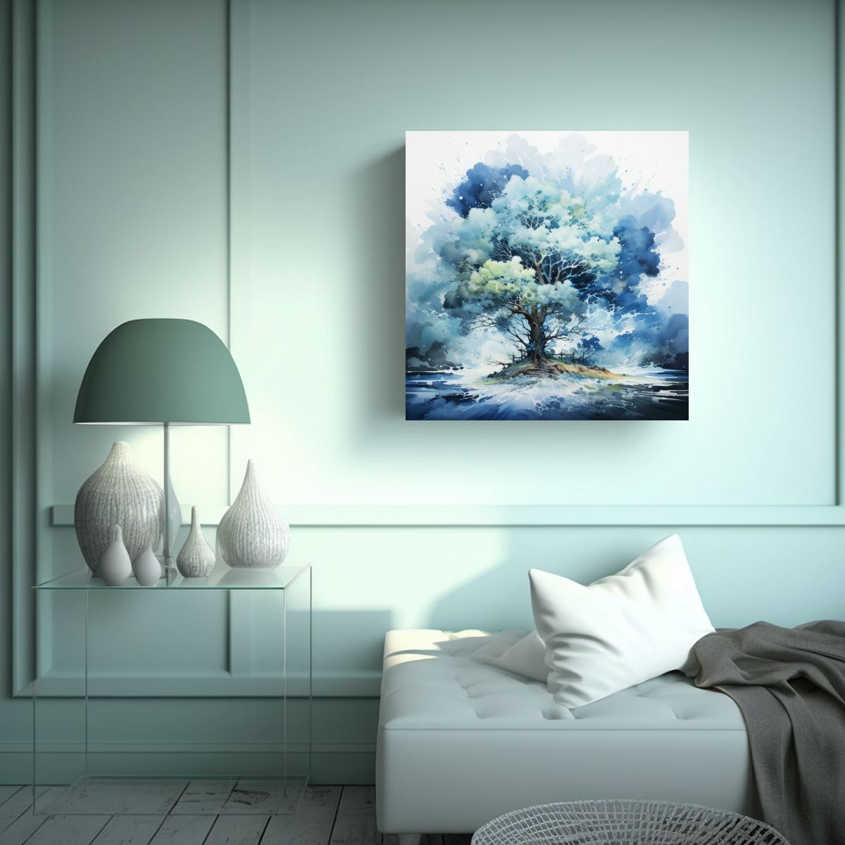 GENERICO - Pintura Abstracta De árbol En Blanco Y Azul En 90x90 Cm