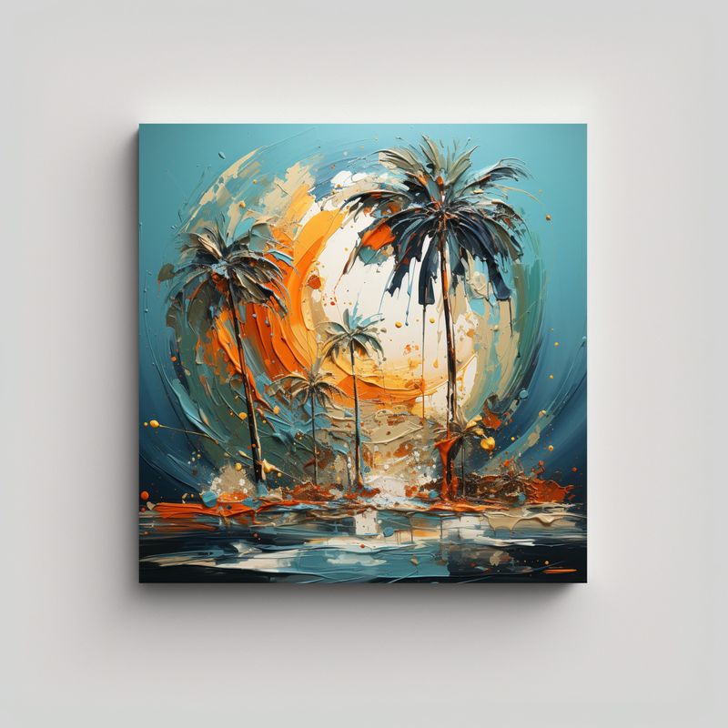 GENERICO - Cuadro Abstracto De Palma Turquesa Y Dorado Para 70x70 Cm